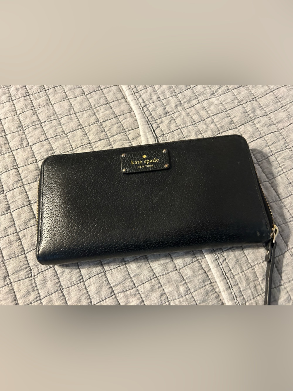 kate spade Black Leather Zip-Around Phone Wallet with Gold Logo Plate